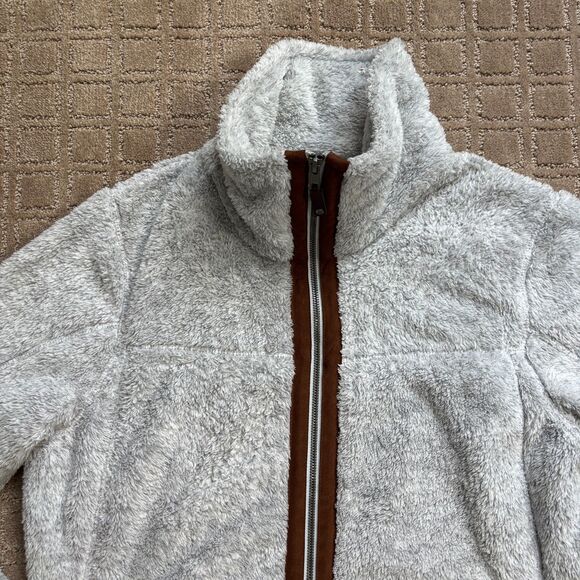 LL Bean Fleece Jacket Womens L Gray Full Zip Suede Trim Outdoors Casual Cozy EUC - Picture 2 of 9